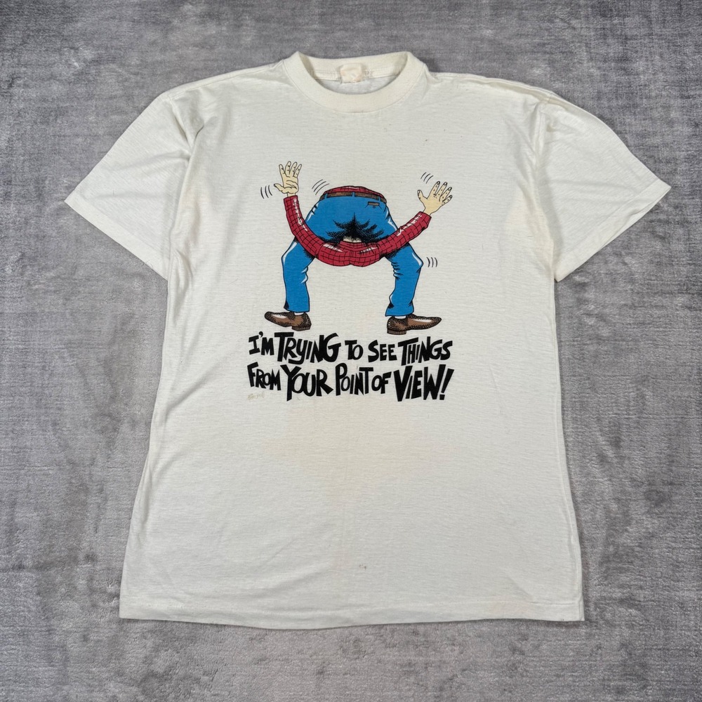 Vintage Novelty Shirt Mens Large White 80s Funny Point Of View Single Stitch